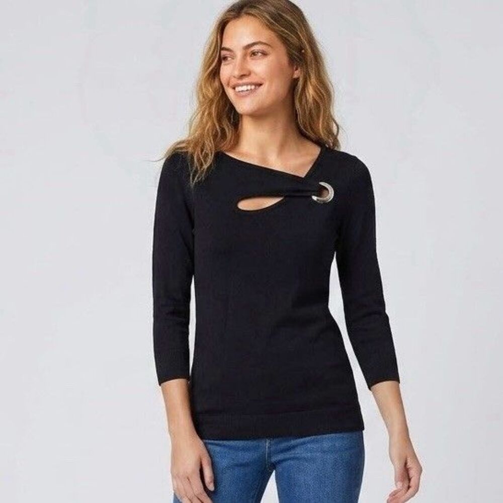 Cable & Gauge Black Grommet CutOut Neck Top XS 3/4 Sleeve Blouse Edgy Gothic